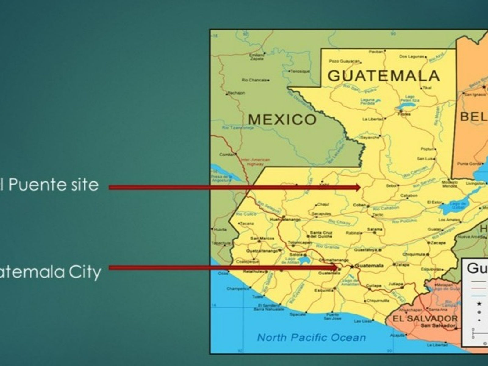 Map of Guatemala marking the El Puente site and Guatemala City