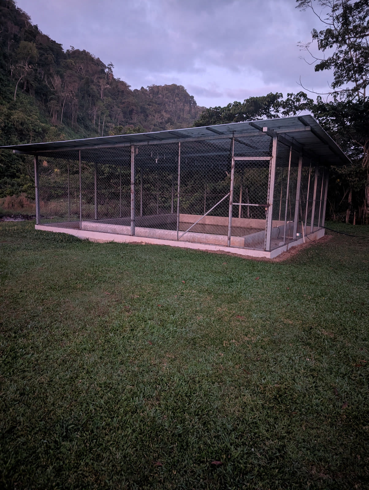 Screened enclosure over a concrete fish pond